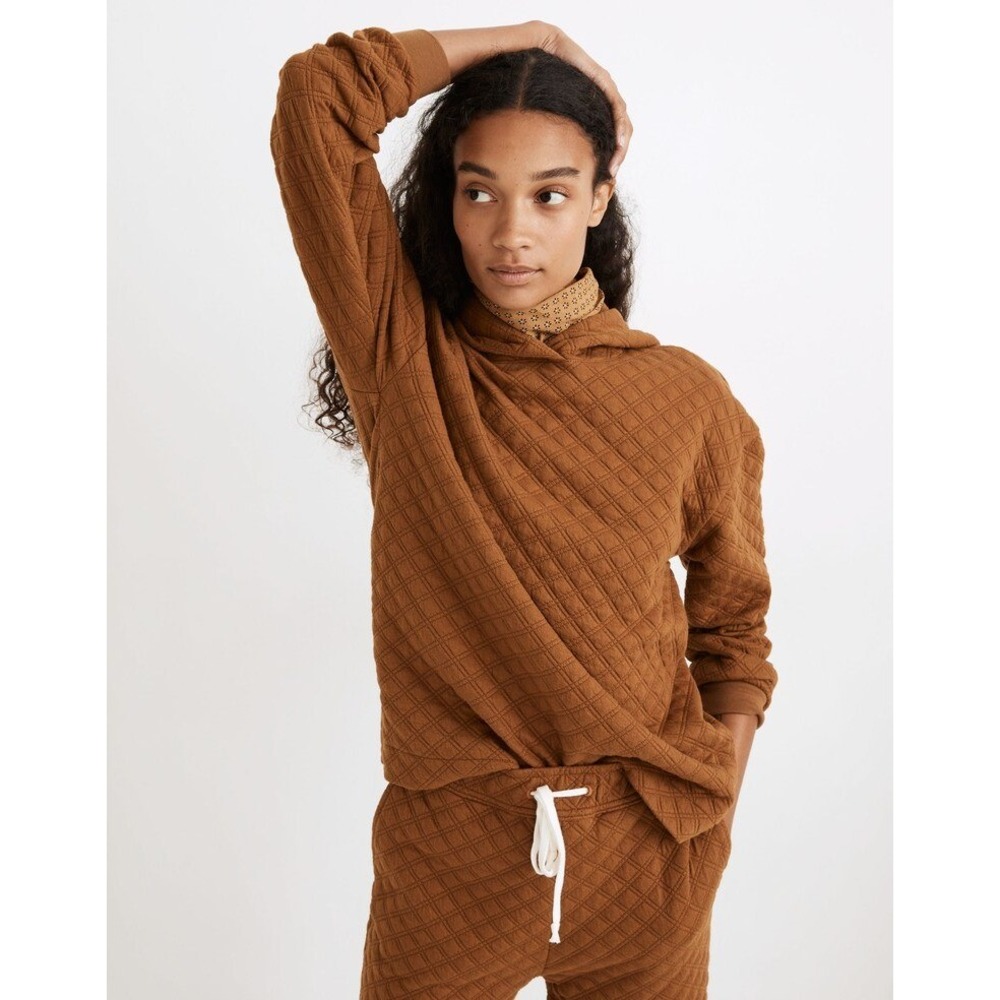 Madewell Quilted Diamond Pattern Hoodie Women Small Mustard Yellow/ Brown
